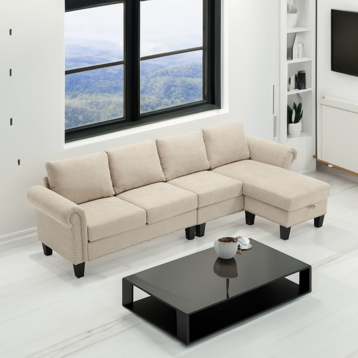 Divano Angolare Lino Beige 4 Posti