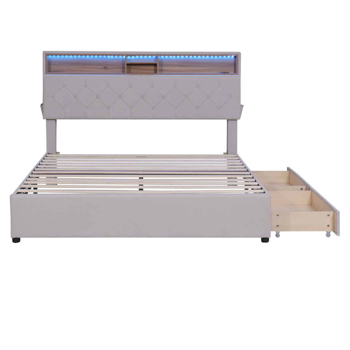 Letto Queen con LED e Ricarica USB Beige