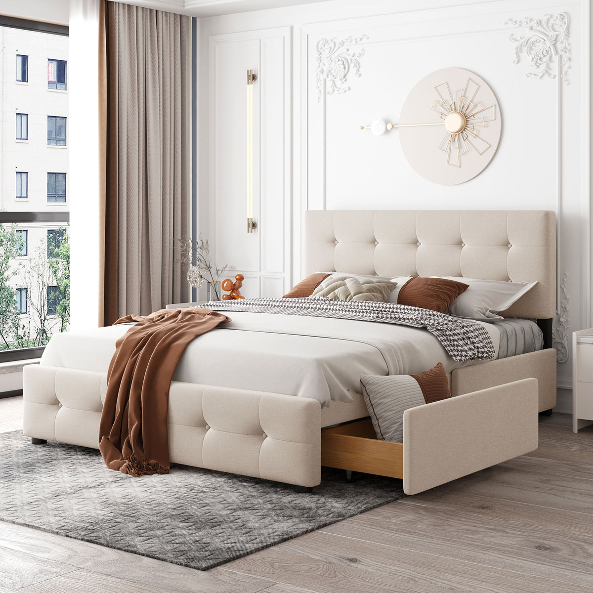 Letto Queen Imbottito 4 Cassetti Beige