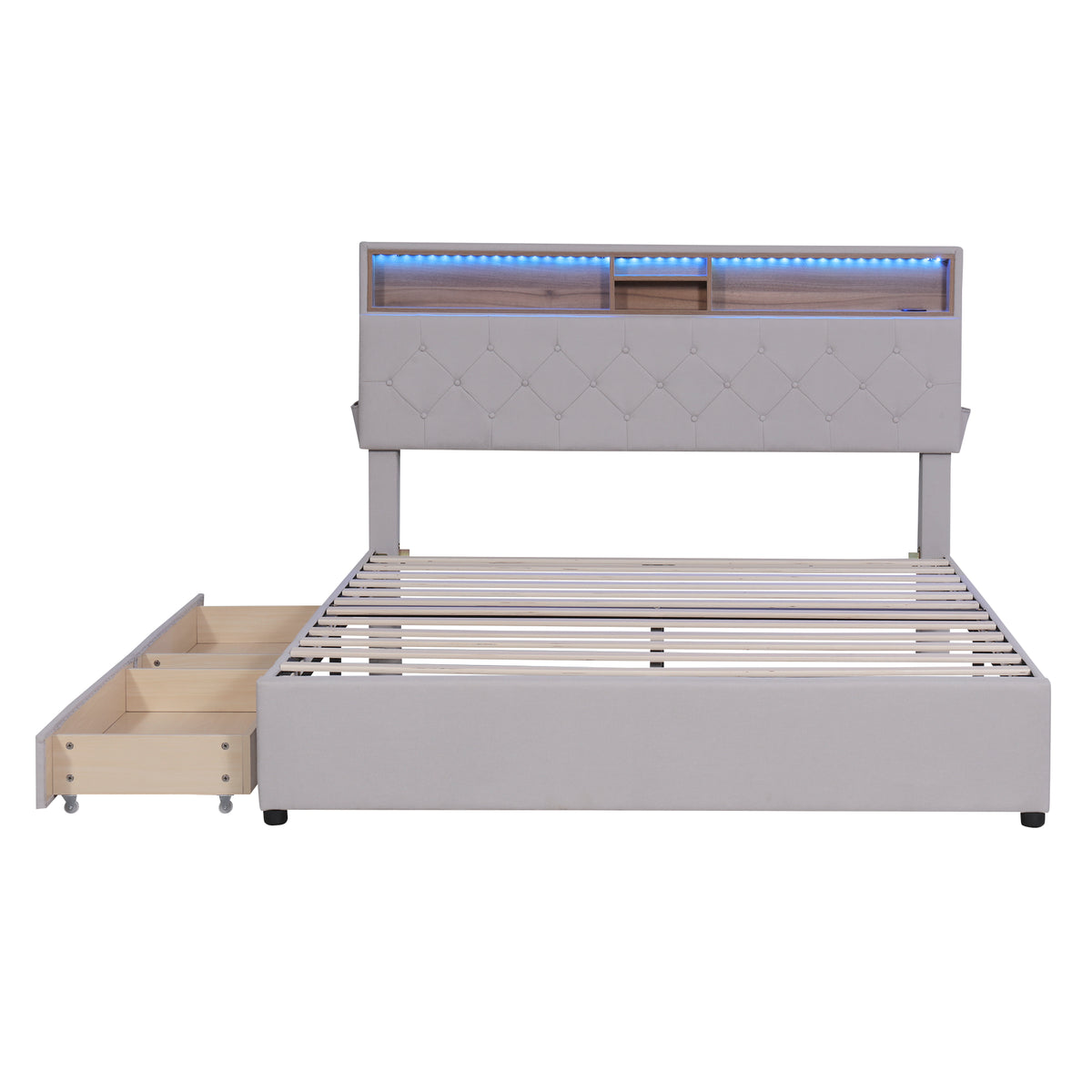 Letto Queen con LED e Ricarica USB Beige