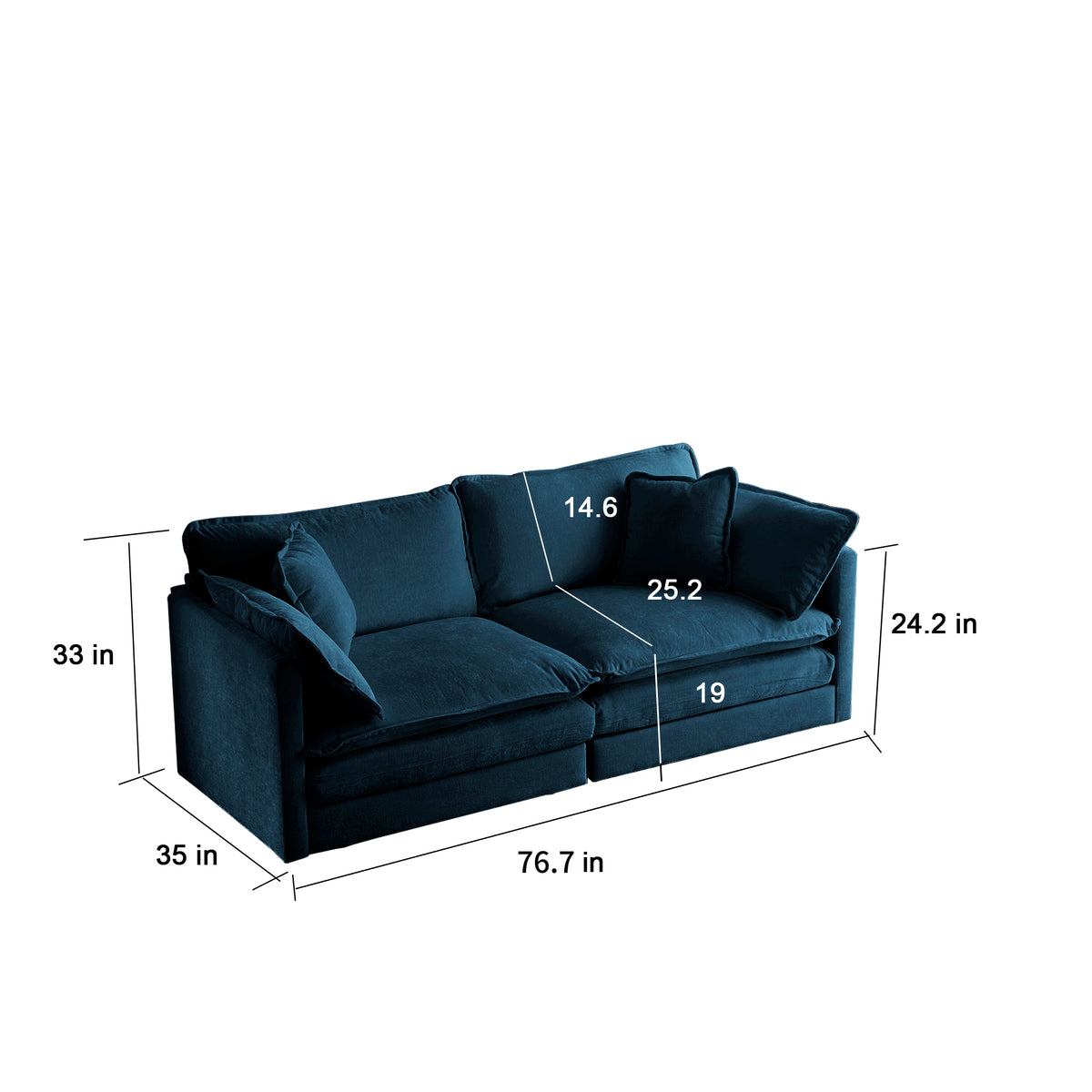 Divano 2 Posti Chenille Blu con 4 Cuscini