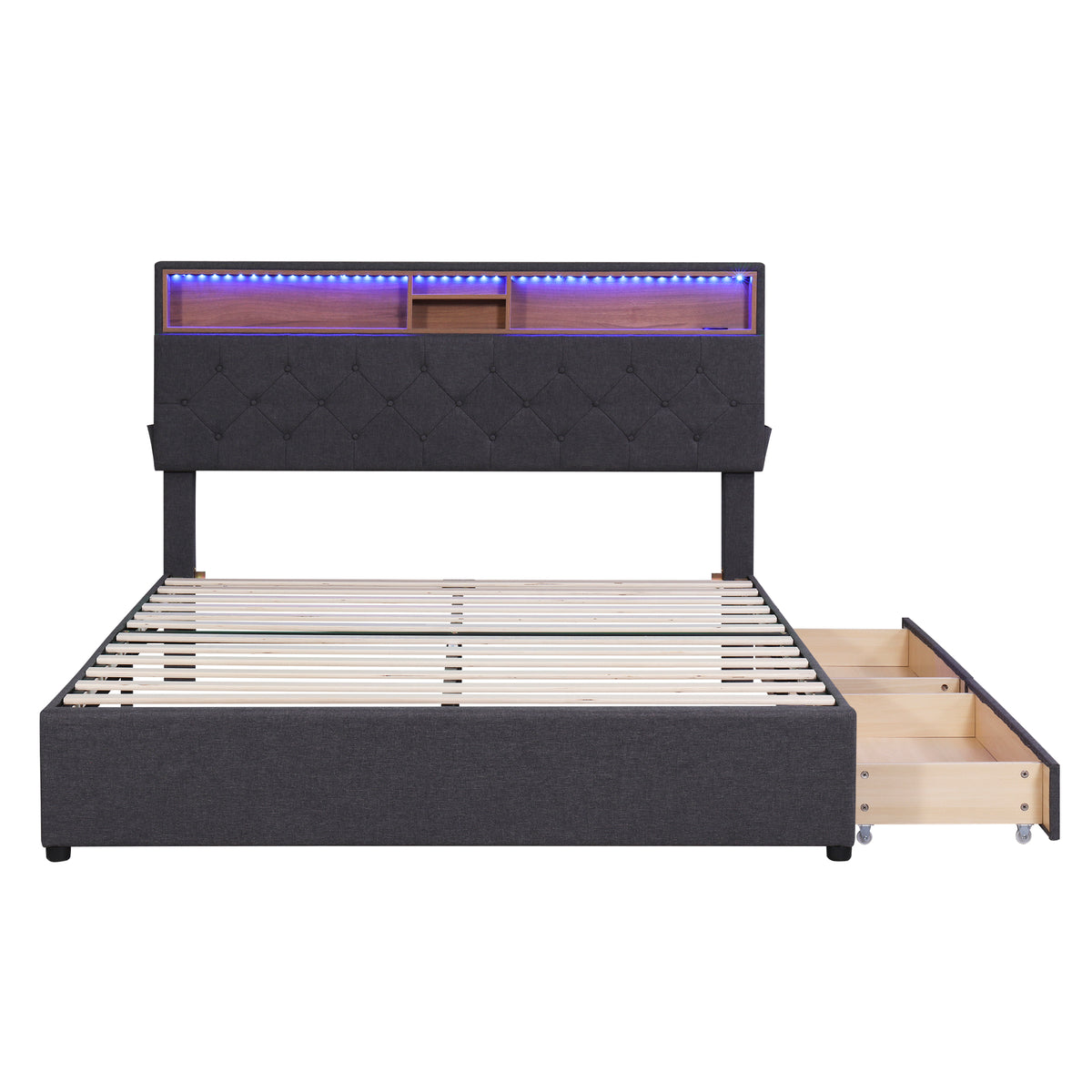 Letto Queen con LED e Ricarica USB Grigio Scuro