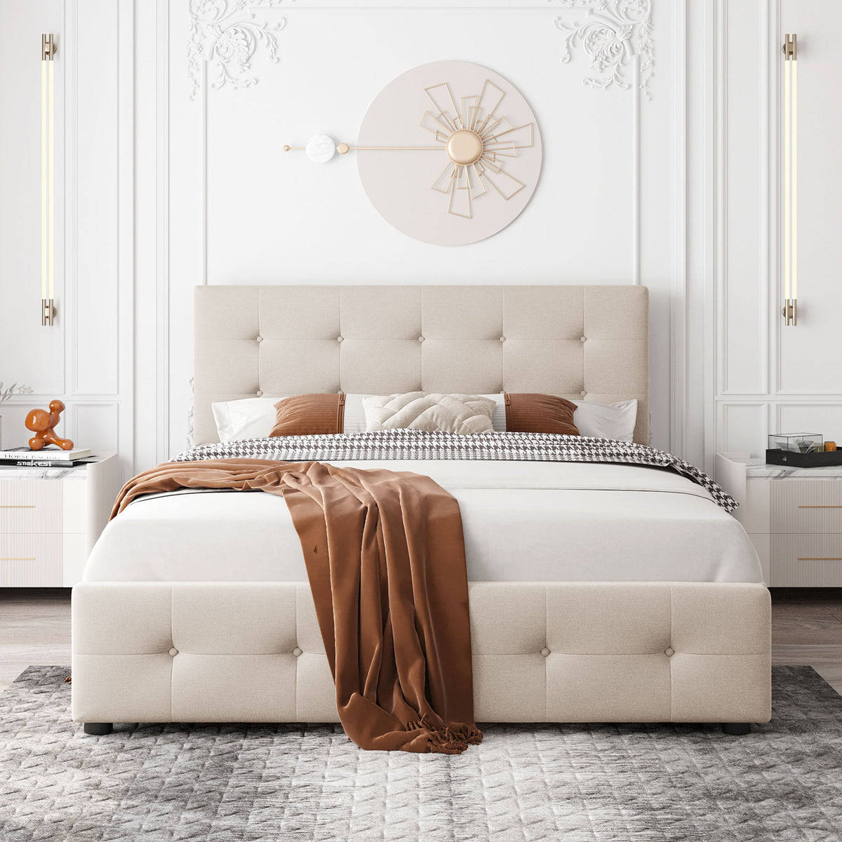 Letto Queen Imbottito 4 Cassetti Beige