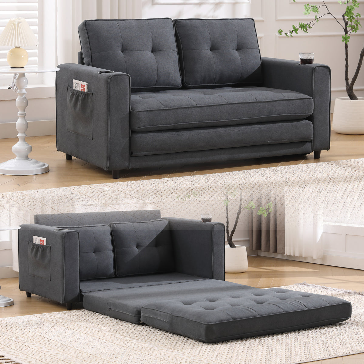Divano Letto Futon 3 in 1 Grigio Scuro