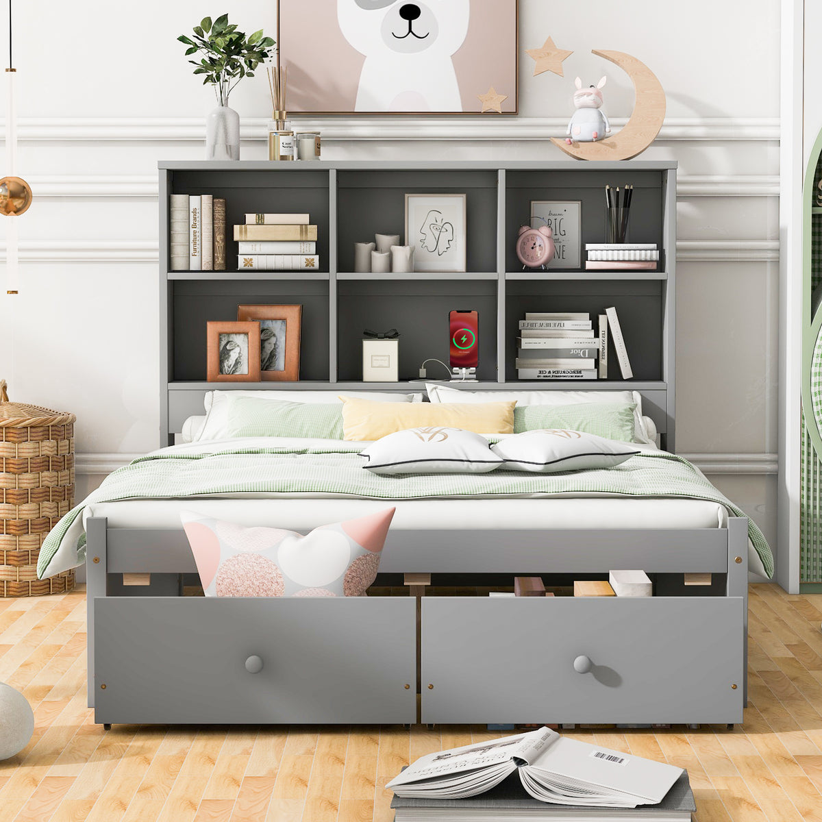 Letto Matrimoniale con Testiera Contenitore Grigio