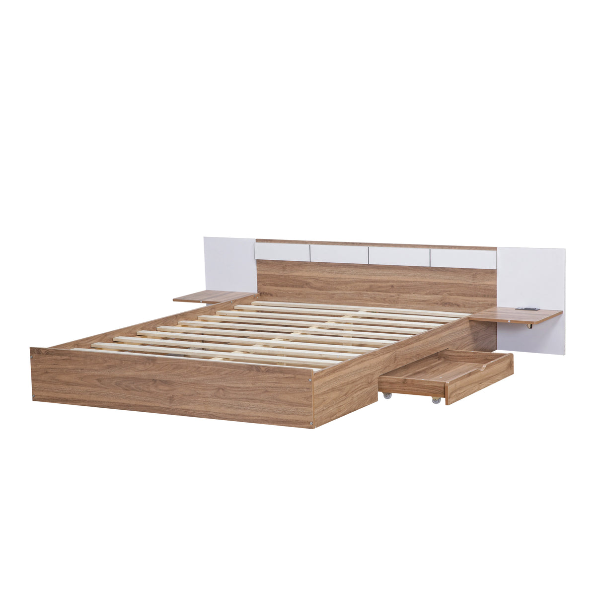 Letto Matrimoniale in Legno con Cassetti, Ripiani, Porte USB e Prese - Naturale
