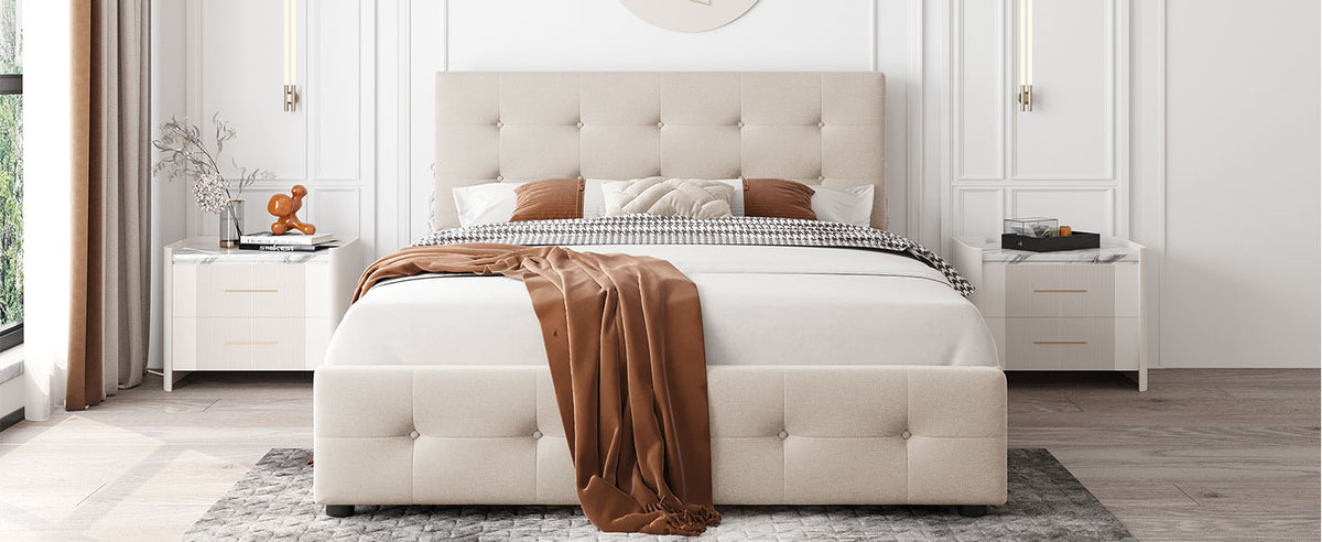 Letto Queen Imbottito 4 Cassetti Beige