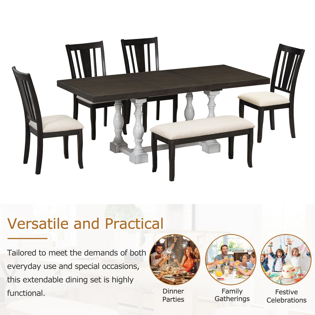 Set Tavolo Pranzo Estendibile 6 Pezzi Bianco