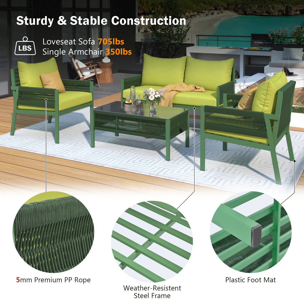 Set Patio Corda 4 Pezzi Verde Giallo
