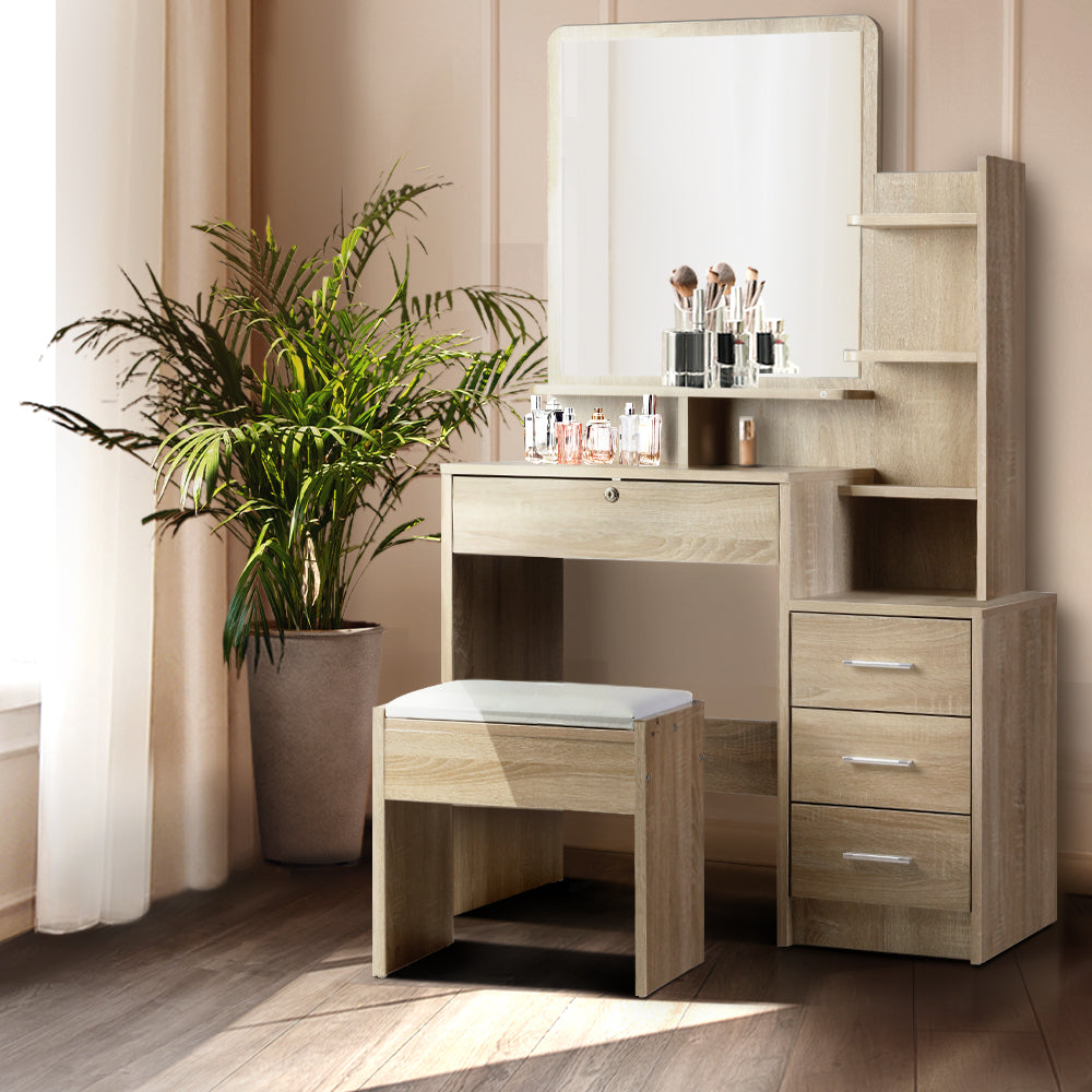 NNEDSZ Artiss Dressing Table Stool Set 4 Drawers Oak-0