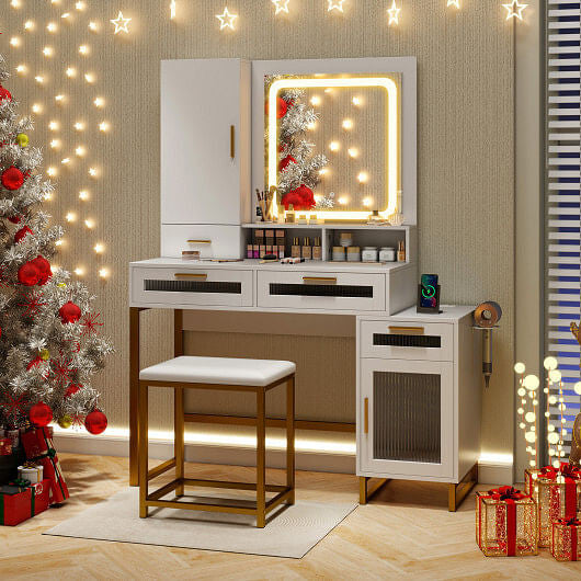 Makeup Vanity Desk Dressing Table and Stool Set with Lighted Mirror-White-0