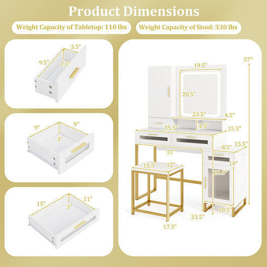 Makeup Vanity Desk Dressing Table and Stool Set with Lighted Mirror-White-2