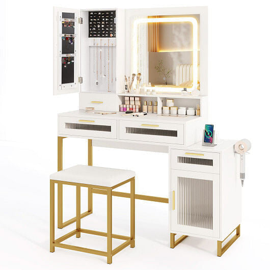 Makeup Vanity Desk Dressing Table and Stool Set with Lighted Mirror-White-4