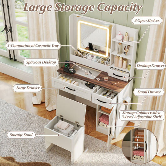 Vanity Desk with Mirror and Lights Farmhouse Makeup Dressing Table-White-3