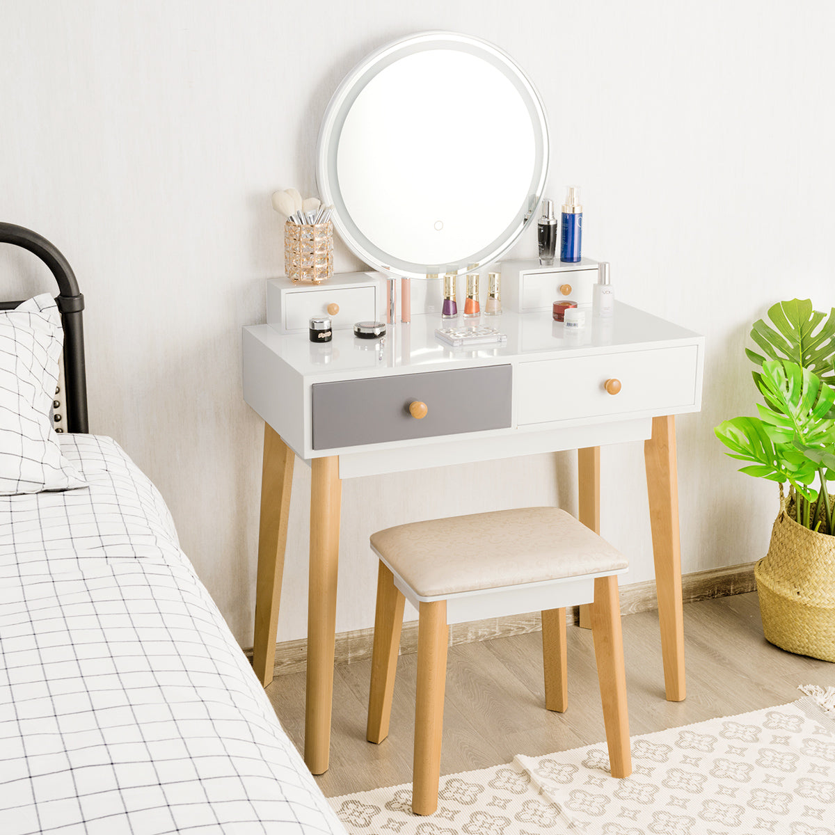 NNECW Dressing Table with Lights & Stool for Makeup-0