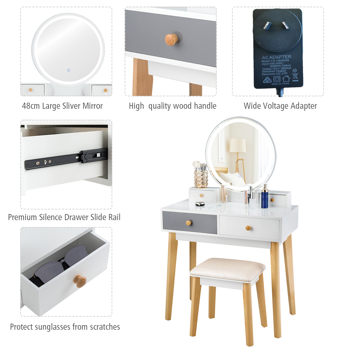 NNECW Dressing Table with Lights & Stool for Makeup-2