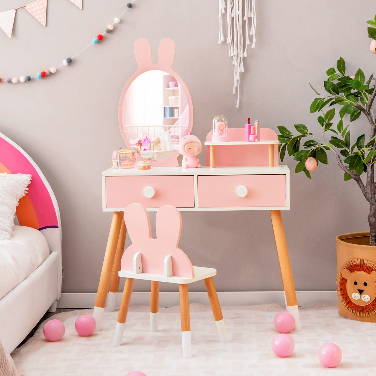 NNECW Kids Vanity Dressing Table Stool Set with Mirror Drawers-0