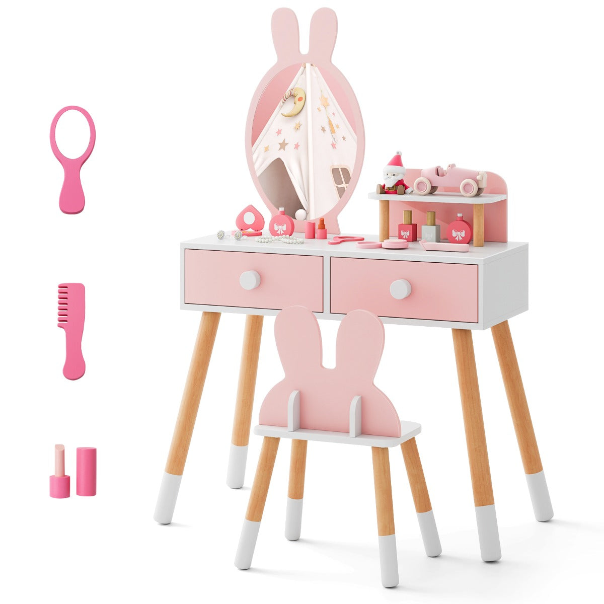 NNECW Kids Vanity Dressing Table Stool Set with Mirror Drawers-1