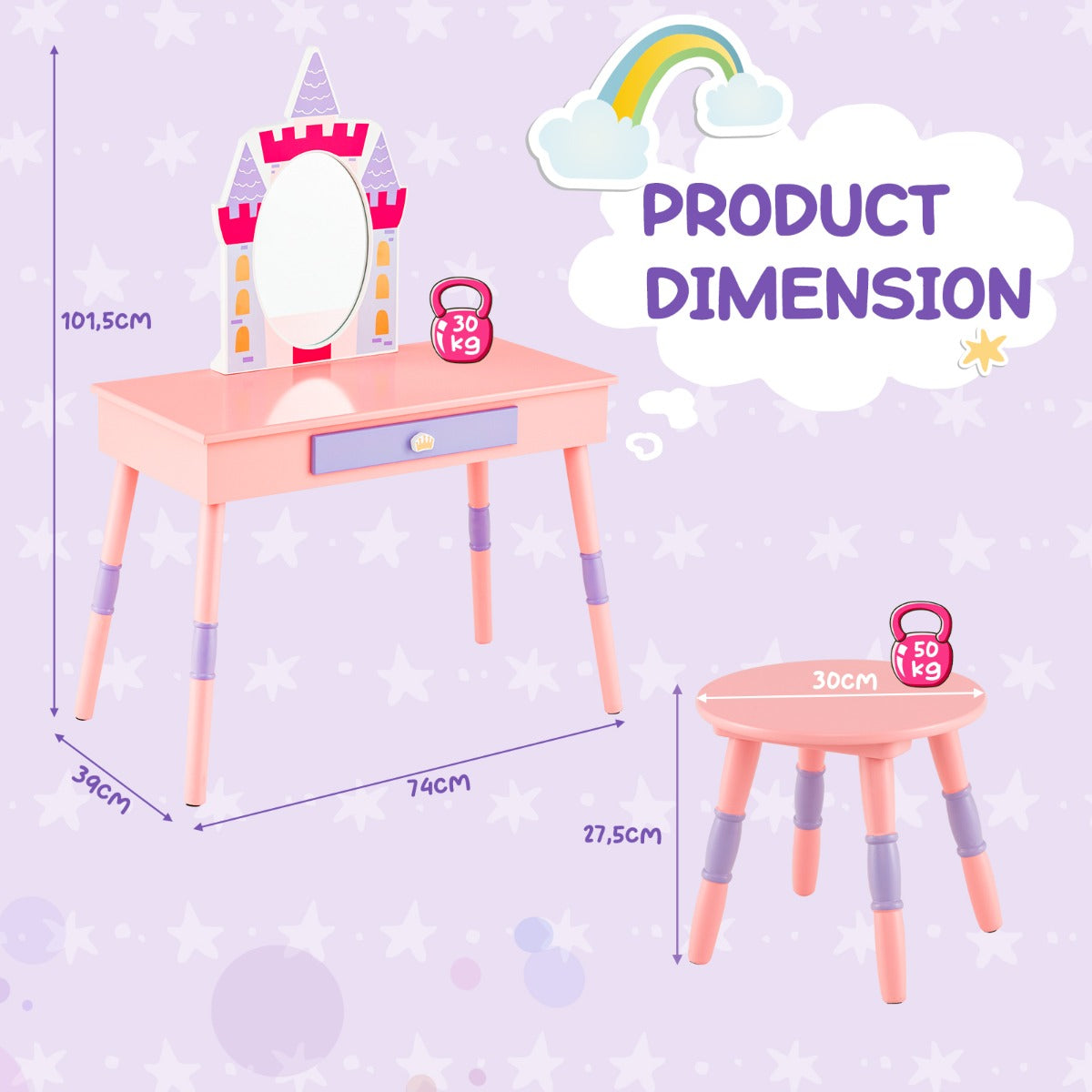 NNECW Princess Makeup Dressing Table with Drawer and Mirror-Pink-3