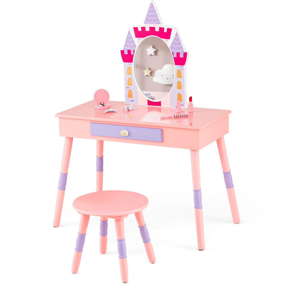 NNECW Princess Makeup Dressing Table with Drawer and Mirror-Pink-1